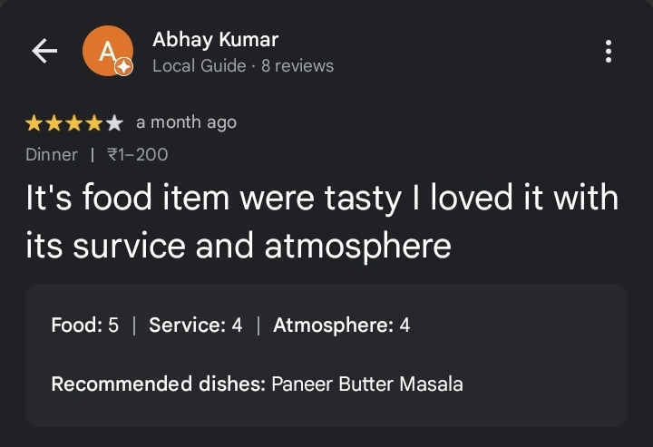 A 4 Star Review by Abhay Kumar on Google Maps