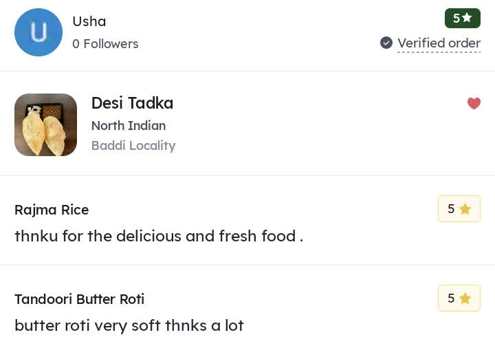 A 5 Star Review By Usha on Zomato